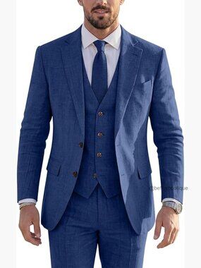 Men's 3 Piece Linen Suit Slim Fit Blazer Vest Pants Set Wedding Business